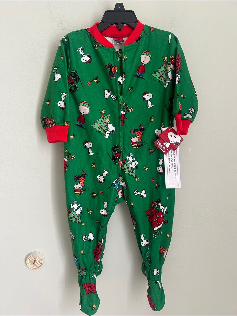 Peanuts Green and Red Holiday Kids One-Piece Footie Pajamas